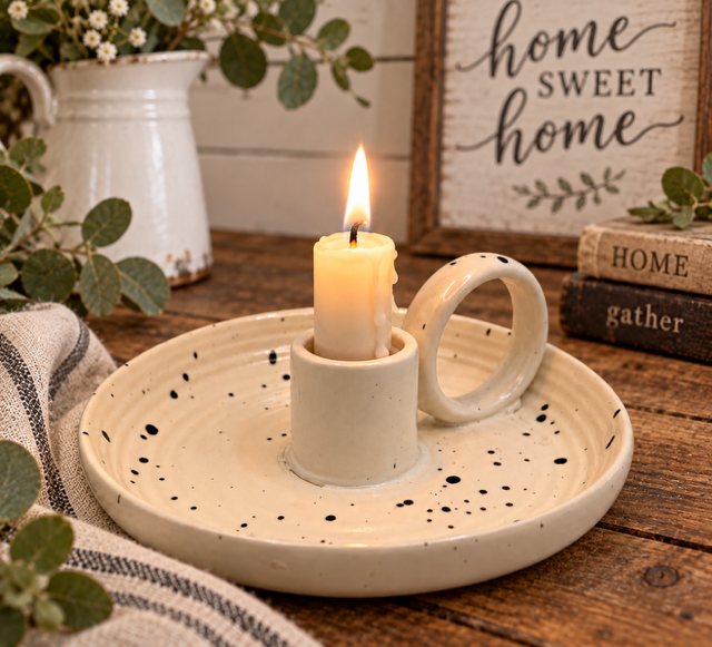 Candle in a ceramic holder on a homely table