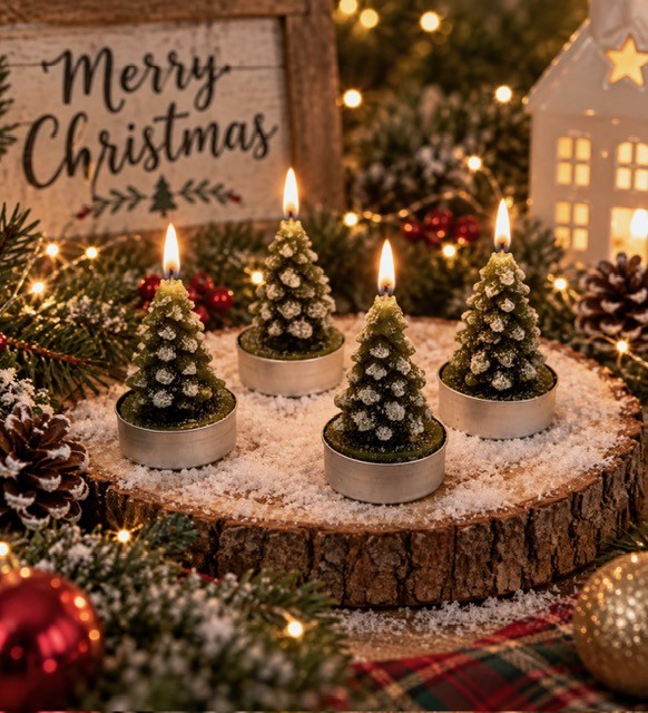 Festive candle display with Christmas greenery