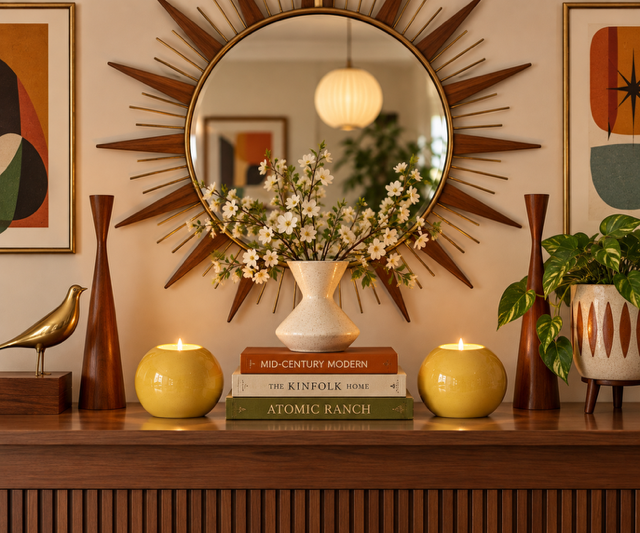 Vintage-inspired home décor on a wooden sideboard